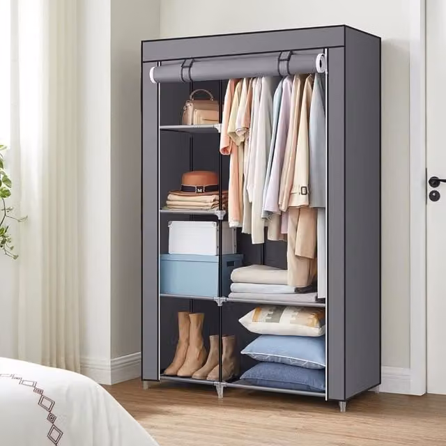The Bazaarist Fabric Wardrobe with Metal Frame and Hanging Rail in Grey, W/D/H: 105 x 45 x 168 cm
