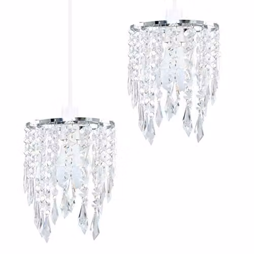 MiniSun Set of 2 Silver Pendant Chandeliers with Transparent Crystal Jewel Effect Droplets, Shade Width: 16 cm