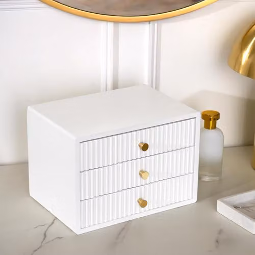 OHS White Ribbed Wooden Desktop Drawer Organiser with 3 Drawers, W/D/H: 18.0 x 26.0 x 18.0 cm – 1