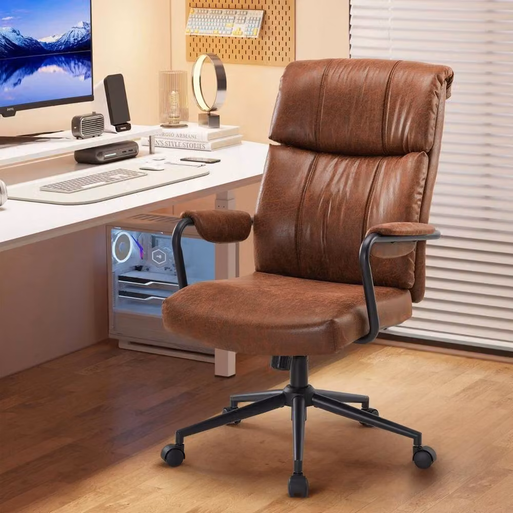 KORVIXA Mid Century Ergonomic Office Chair in Brown Synthetic Leather with Headrest and Armrests – 5