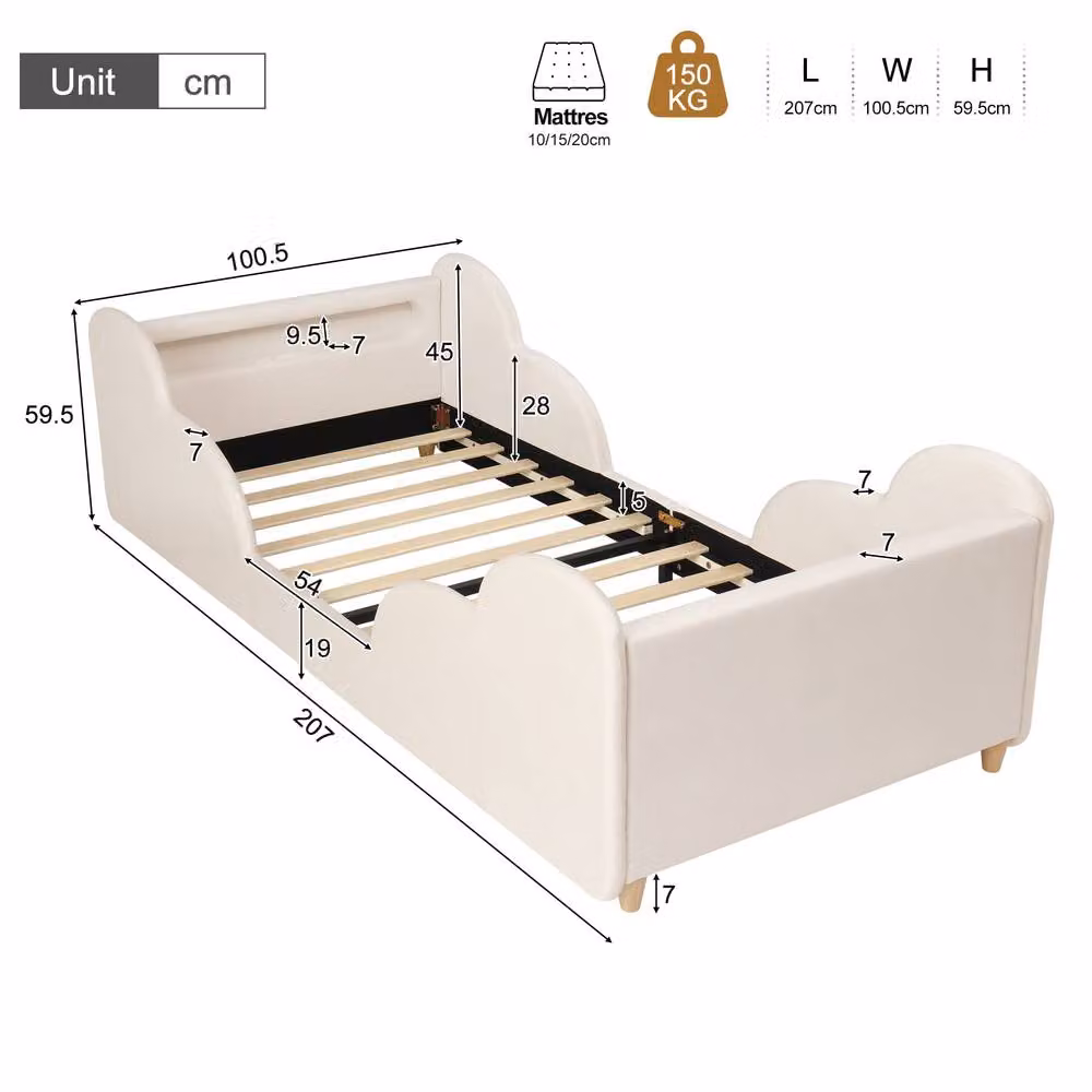ModernLuxe Kids Velvet Upholstered Single Bed with LED Headboard and Safety Rails in Beige, W/D/H: 90 x 190 x 100.5 cm – 2