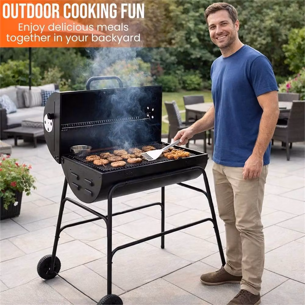 Nordara Large Oil Drum Charcoal BBQ Grill and Portable Smoker with Temperature Gauge in Black, W/D/H: 85 x 53 x 97 cm – 3