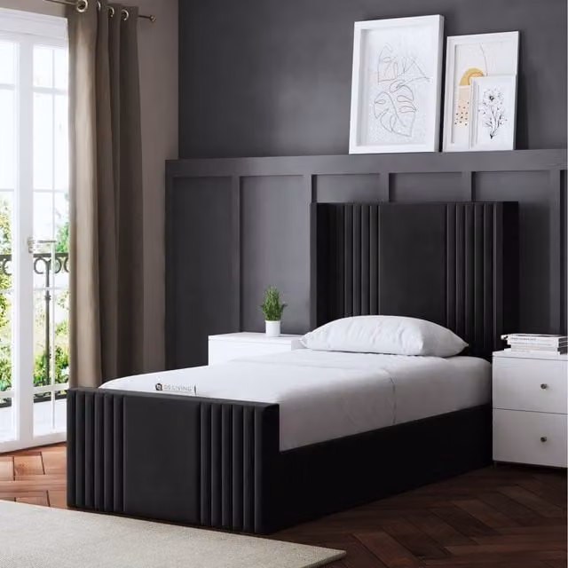 DS Living Modern Black Velvet Ottoman Panel Bed with Lift Up Base, 140 x 200 cm
