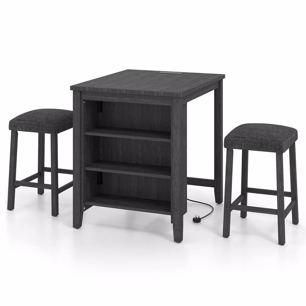 Costway 3-Piece Bar Table Set with 2 Stools and Power Outlet in Black – 7