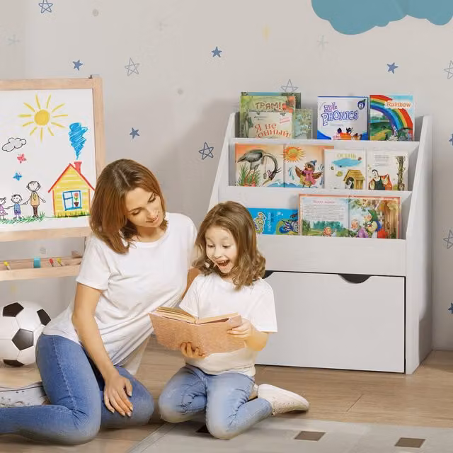 AIYAPLAY Kids Bookcase with 3 Tier Shelves and Drawer, White