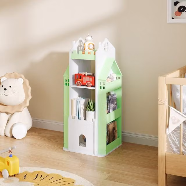 Livingandhome 4-Tier Castle Rotating Bookshelf for Children in Green