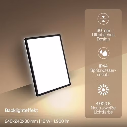 B.K.Licht Black LED Slim Panel Ceiling Light, 16W, 1900lm, 4000K Neutral White, IP44 Splash-Proof, W/D/H: 24 x 24 x 3 cm – 2