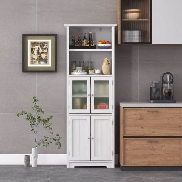 EONLION White Lacquered Wood Tall Storage Cabinet with 2 Hinged Doors and Open Shelf, Height: 100 cm – 1