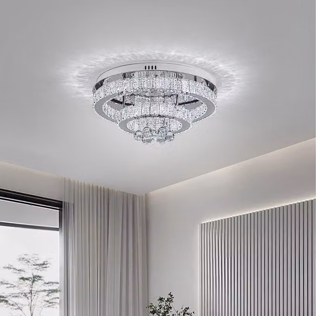 Komore Round Crystal Ceiling Light in Silver with Transparent Pendants, Diameter: 50 cm