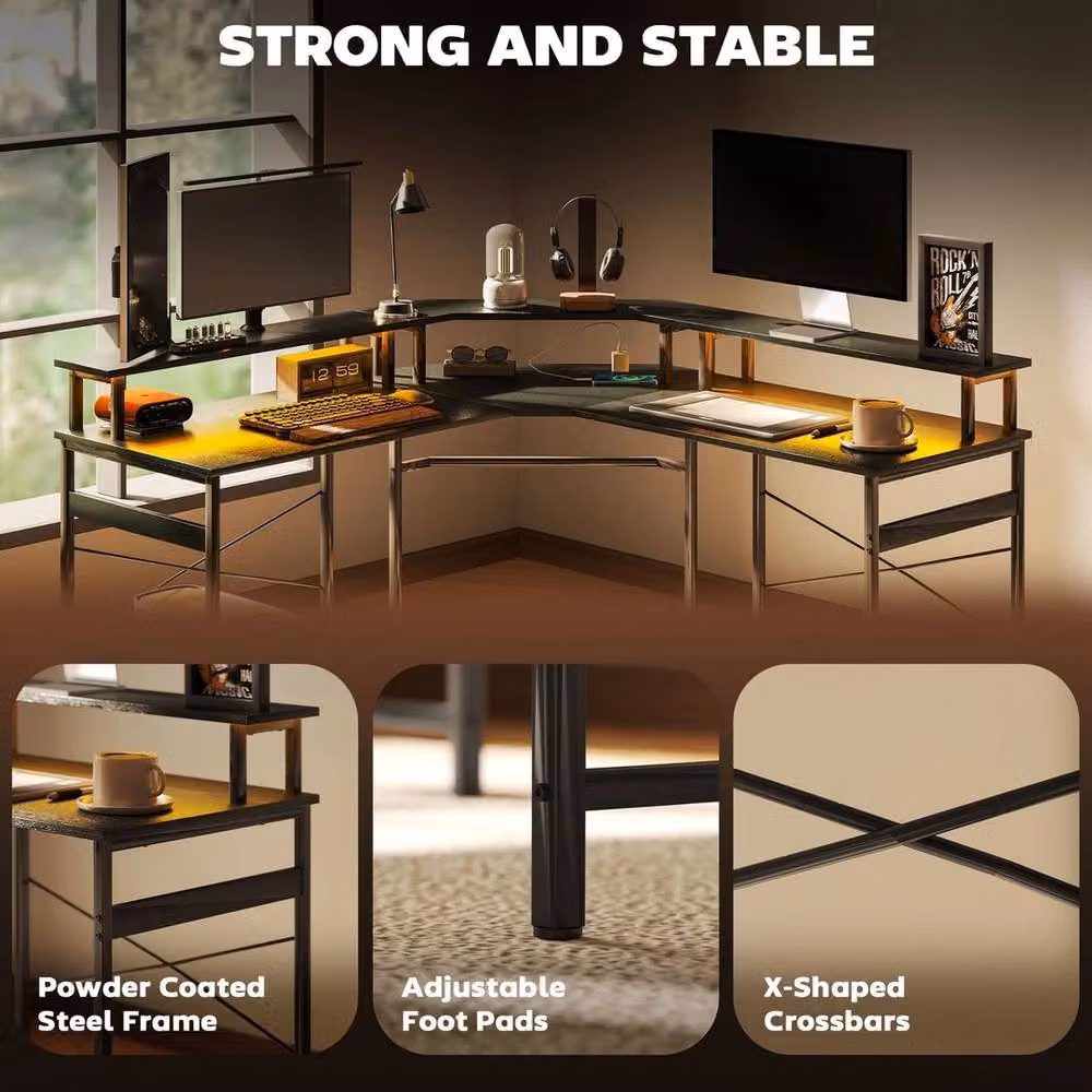 FORGEVIO L-Shaped Corner Computer Desk with Monitor Stand in Black – 2
