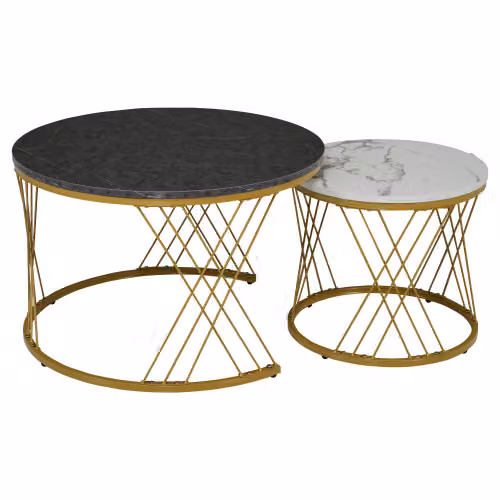 Aosom.UK Set of 2 Modern Round Nesting Marble Coffee Tables with Metal Frame, Grey and Gold, W/D/H: 70 x 70 x 45 cm – 2