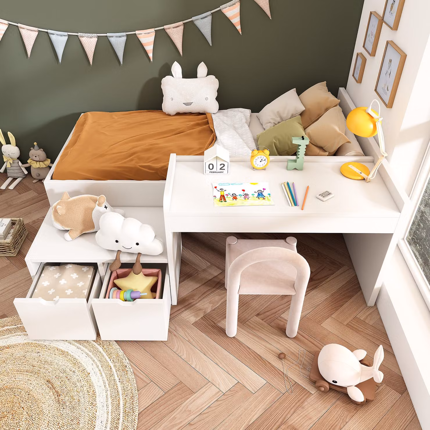 Aosom Kids Single Bed with Desk and Storage Drawers in White, Solid Wood Bed Frame, L x W x H: 195 x 137 x 82.5 cm – 4
