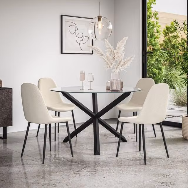 More4Homes Malvern Round Dining Table and Set of 4 Maya Boucle Chairs in Ivory with Clear Glass Top and Black Oak Legs, Diameter: 120 cm, Height: 75 cm – 1