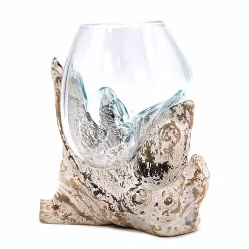 Ancient Wisdom Medium Molten Glass Bowl with Whitewashed Wood Base in White and Transparent