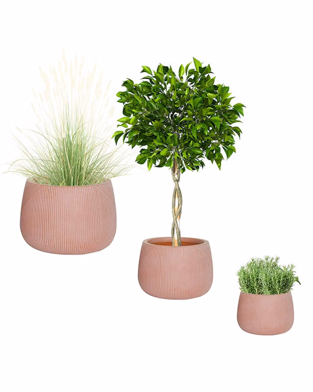 Dibor Set of 3 Terracotta Symmetry Stripe Fibre Clay Indoor Outdoor Garden Planters in Brown – 2
