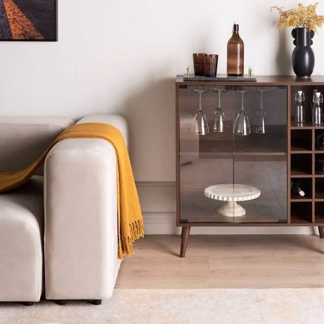 Wyld and Coco Mid-Century Brown Pine Sideboard with Glass Fronts and 2 Shelves