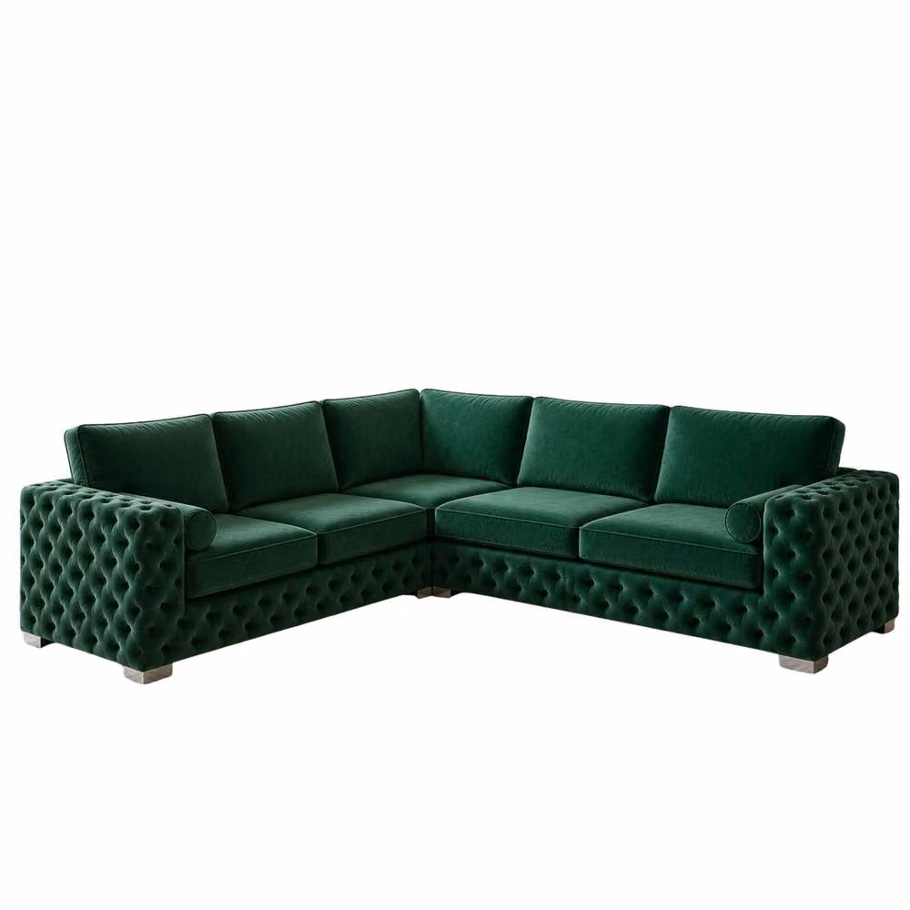 Stratus Interiors Ashley Chesterfield Full Back L-Shape Corner Sofa in Dark Green Plush Velvet Fabric – 2