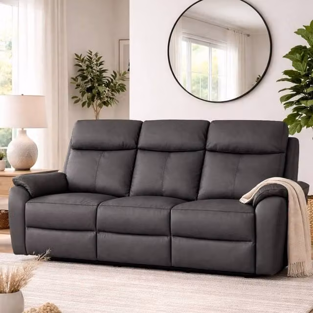 Aspire Kingsmere 3 Seater Power Recliner Sofa in Charcoal Real Leather with USB Charging