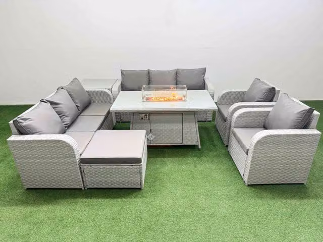 Fimous Grey PE Rattan High Back Lounge Sofa Set with 3 Seater Sofa, Reclining Chair, Big Footstool, Side Table and Firepit Dining Table