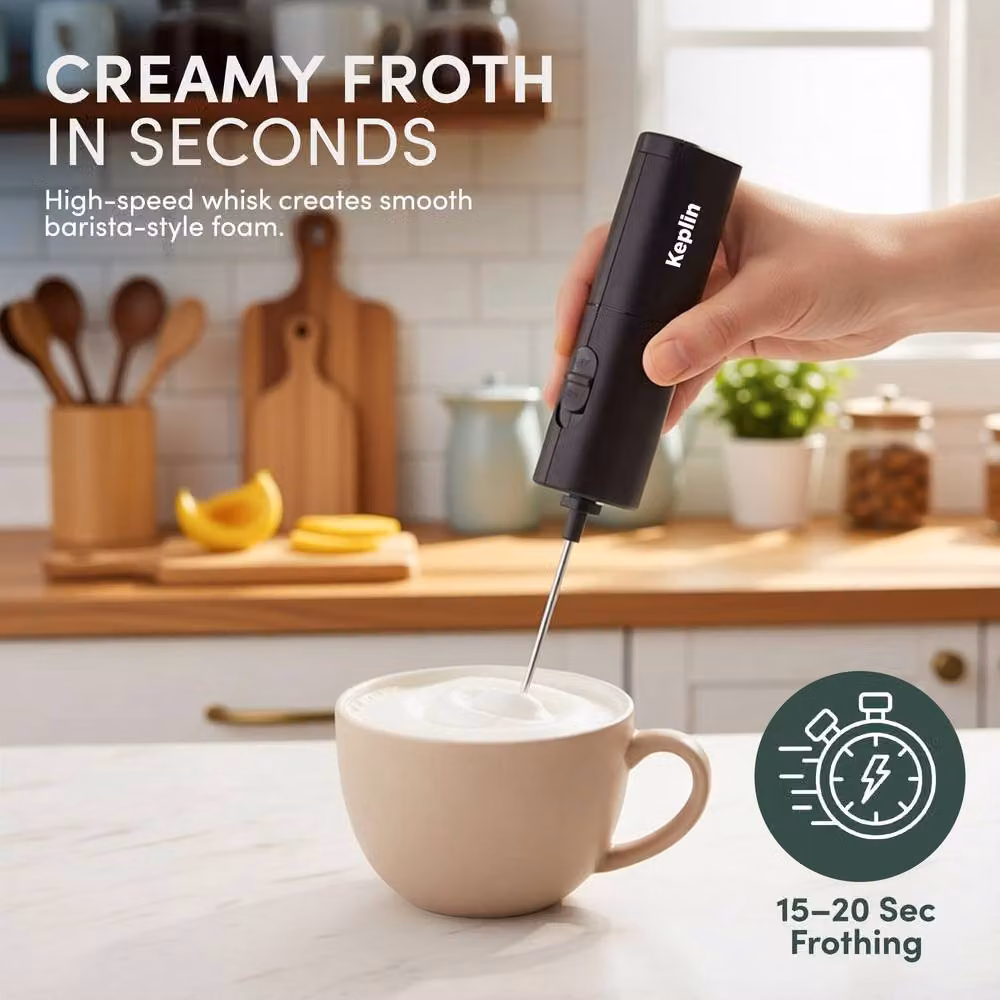 Keplin Slim Handheld Milk Frother - Black Stainless Steel Electric Whisk – 2