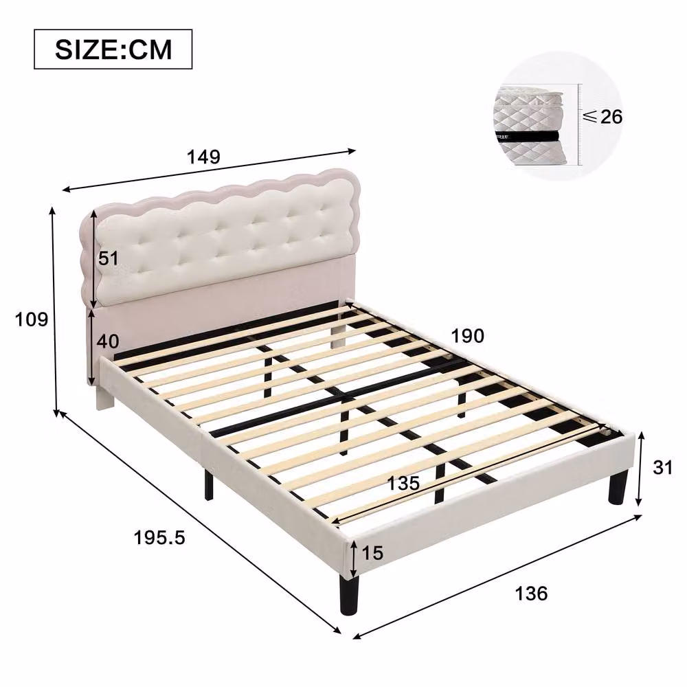 ModernLuxe Upholstered Velvet Kids Double Bed with Headboard in Beige, W/D/H: 140 x 190 x 109 cm – 2