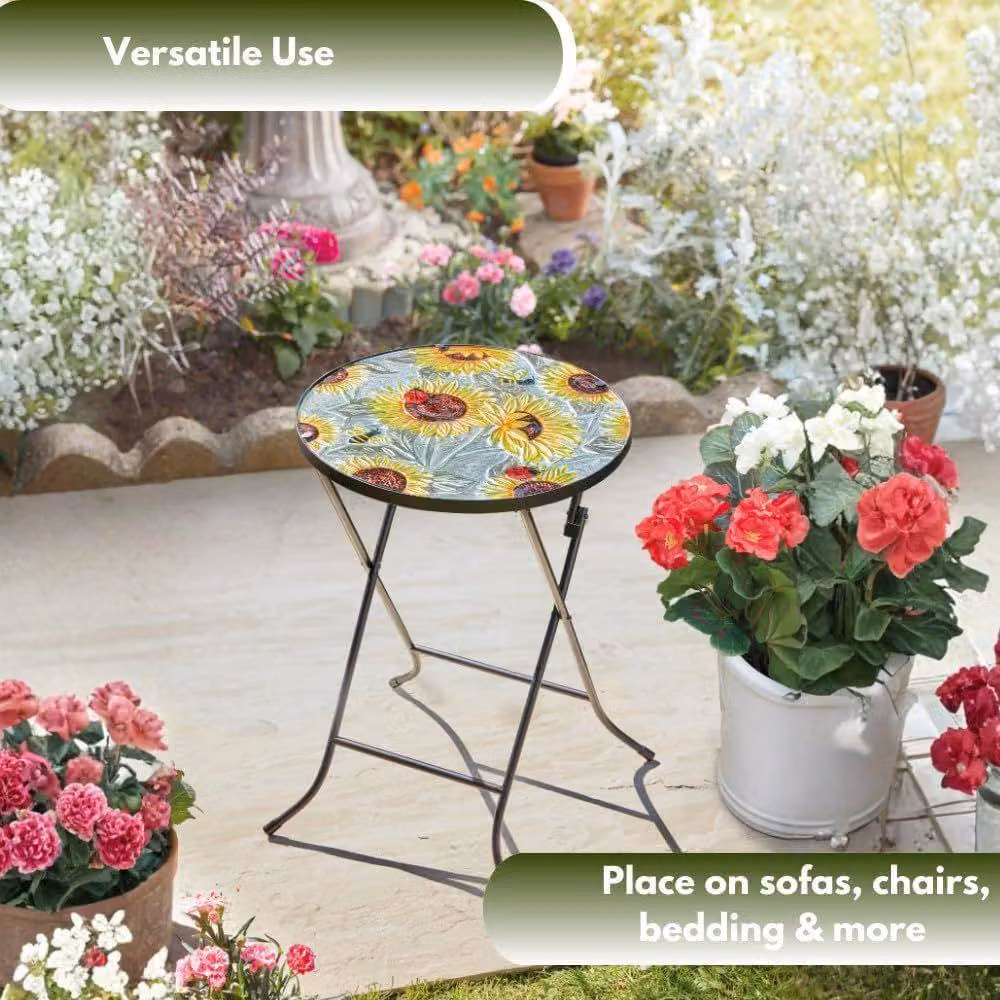 Marco Paul Foldable Outdoor Table in Sunflower Yellow with Floral Glass and Metal Design, W/D/H: 50 x 35 x 35 cm – 3