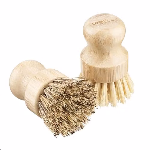 Cooks Professional Set of 2 Bamboo Pot Brushes with Soft and Hard Sisal Bristles in Brown and Natural – 2
