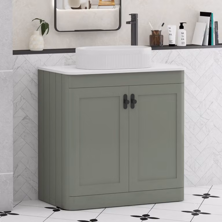 Royal Bathrooms Henley 800mm Sage Green Floor Standing 2 Door Vanity Unit with Plain White Worktop, Lyon Basin and Matt Black Knob