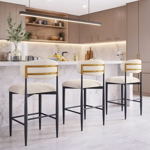 Modish Furnishing Set of 2 Modern Chenille Barstools in Azure Cream with Gold Metal Accents