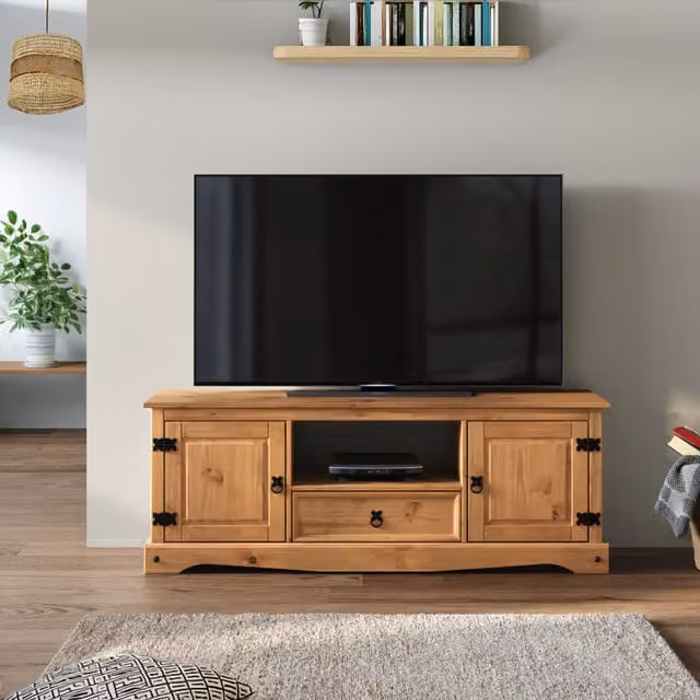 Mercers Furniture Corona Rustic Waxed Pine Widescreen TV Unit, Brown and Black, W: 140.0 cm, D: 35.0 cm, H: 52.0 cm