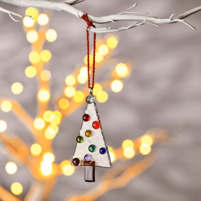 Sienna Glass Handmade Fused Glass Hanging Tree Ornament with Multicoloured Red Abstract Design