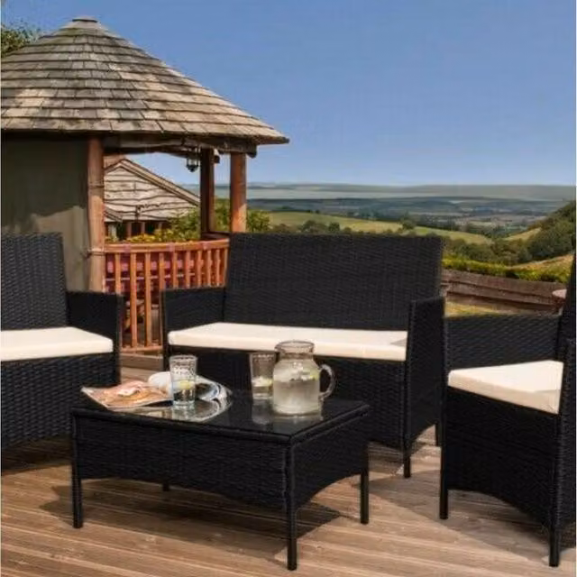 Comfy Living 4 Piece Black Rattan Garden Furniture Set with Glass Top