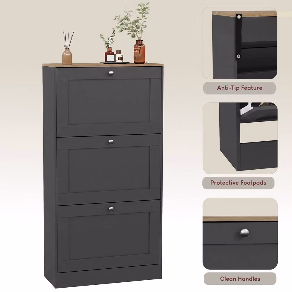 Home Discount Vida Designs 3 Drawer Shoe Cabinet with Tilting Compartments in Anthracite Grey – 4