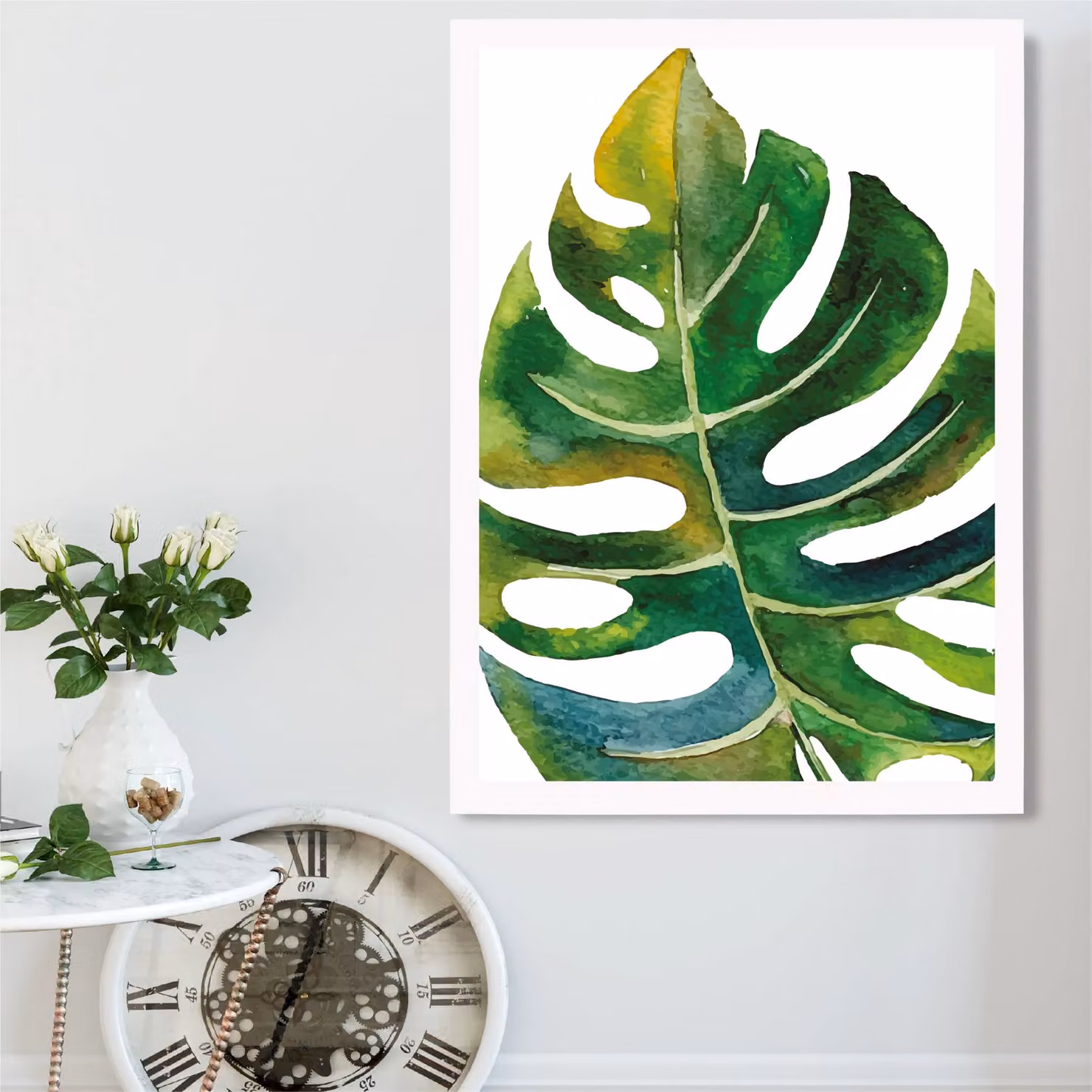 ARTZE Tropical Monstera Abstract Watercolour Botanical Framed Print in Green and White – 2