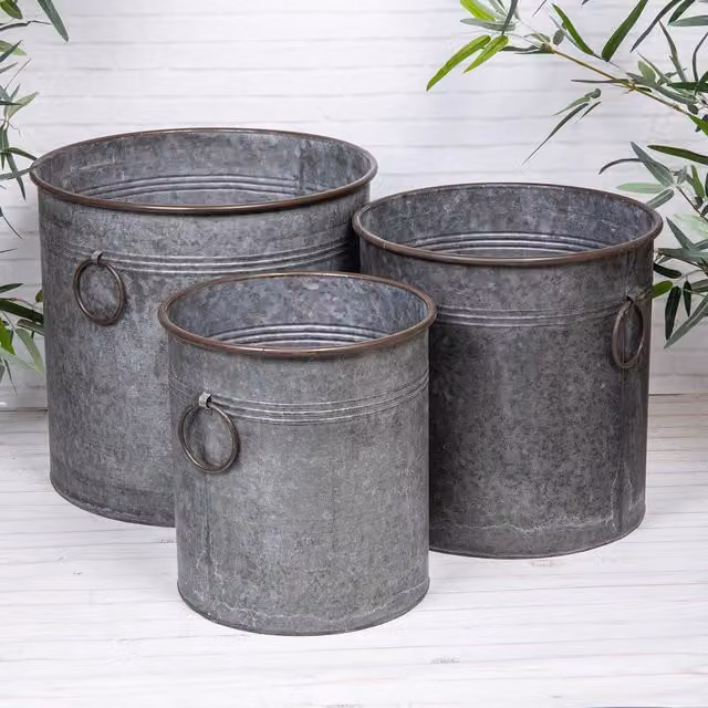 Annibells Vintage Round Metal Planter with Handles, Grey, Diameter: 33 cm