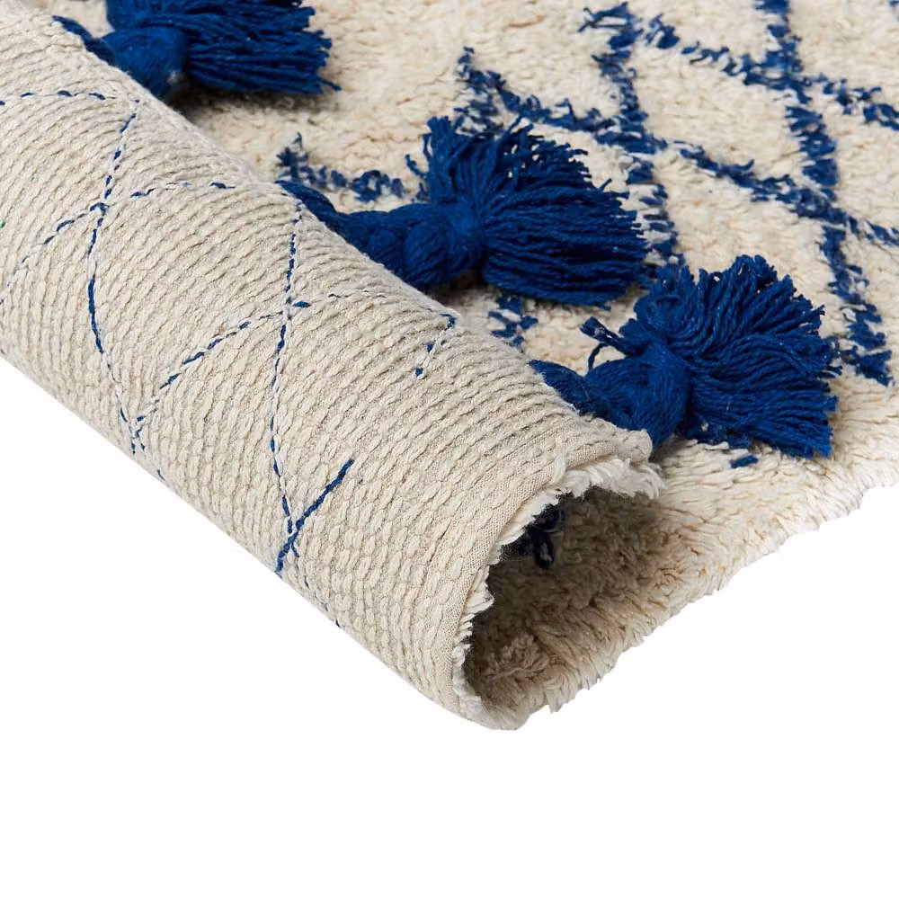 Wyld and Coco Hand Tufted Geometric Cotton Area Rug in Beige and Blue, W/D: 140 x 200 cm – 3