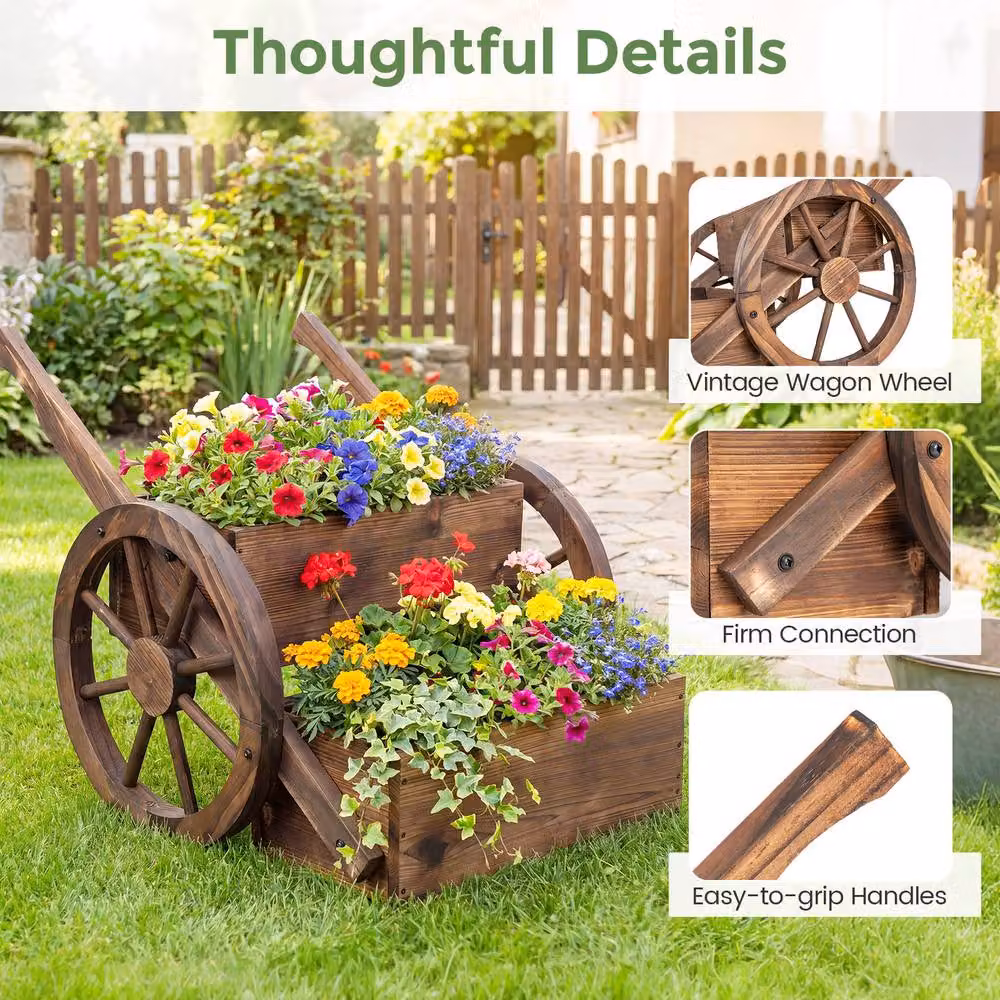 Costway 2-Tier Rustic Wood Wagon Planter and Raised Garden Bed with Wheels in Brown – 6