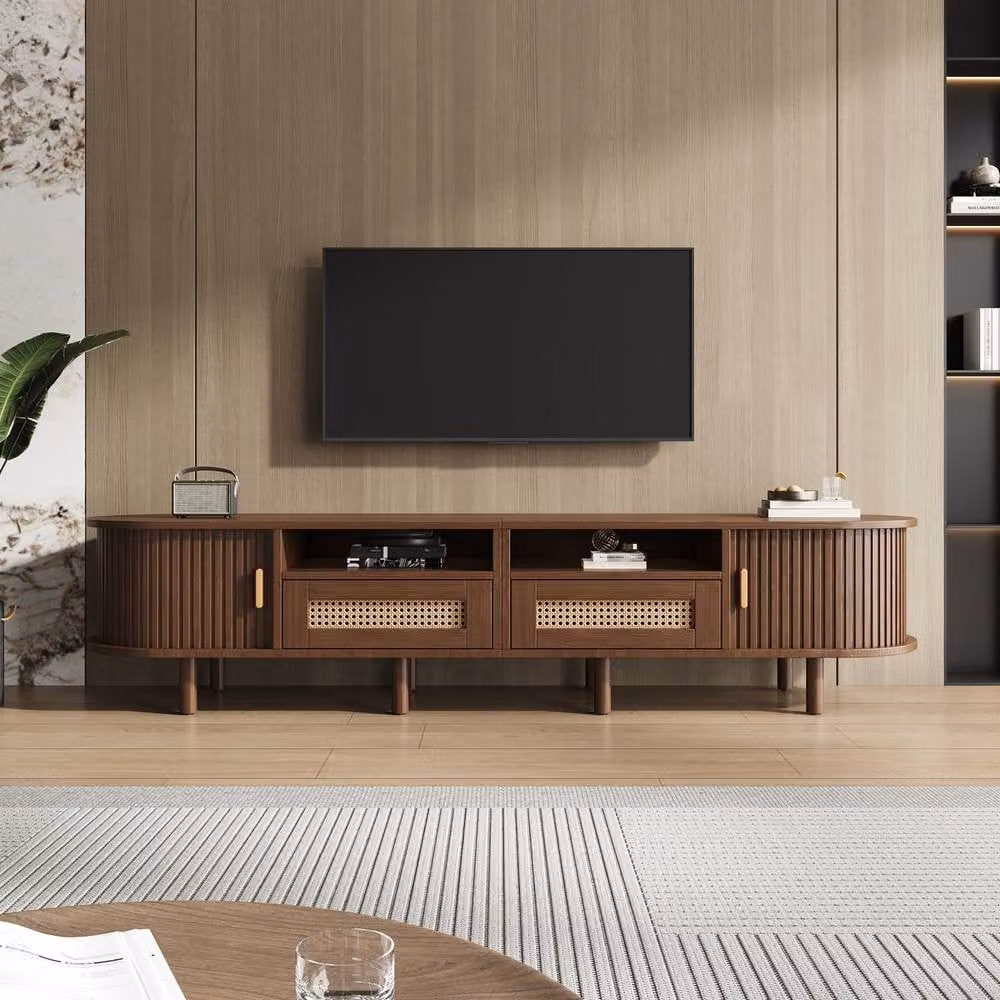 Rolipo Dark Oak Oval Rattan TV Stand in Dark Brown with Sliding Doors and Media Compartments, Width: 170 cm – 5