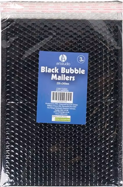 Art Studio Pack of 3 Self-Adhesive Plastic Bubble Mailers in Black, W: 23.0 cm x D: 34.0 cm