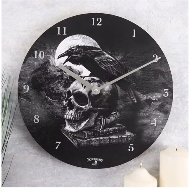 Alchemy London Poe Raven Round Analog Quartz Wall Clock in Grey and Black, Diameter: 34 cm