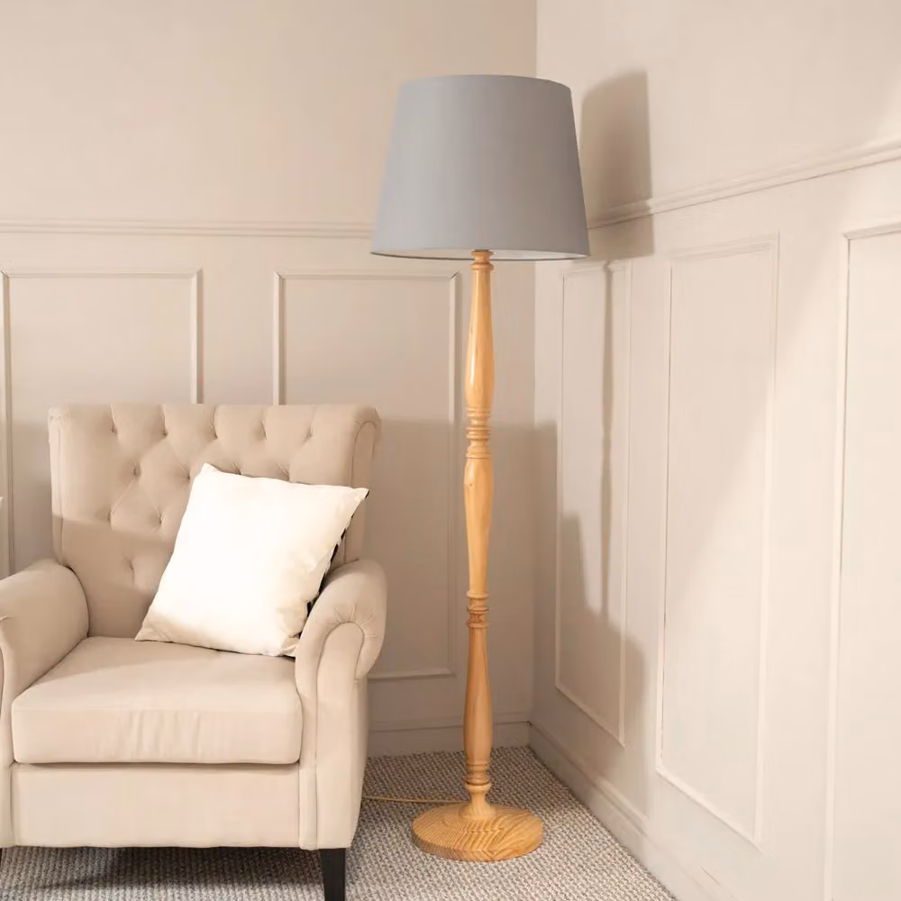 ValueLights Victoria Traditional Floor Lamp in Light Wood with Grey Fabric Tapered Shade and Bulb Included – 2