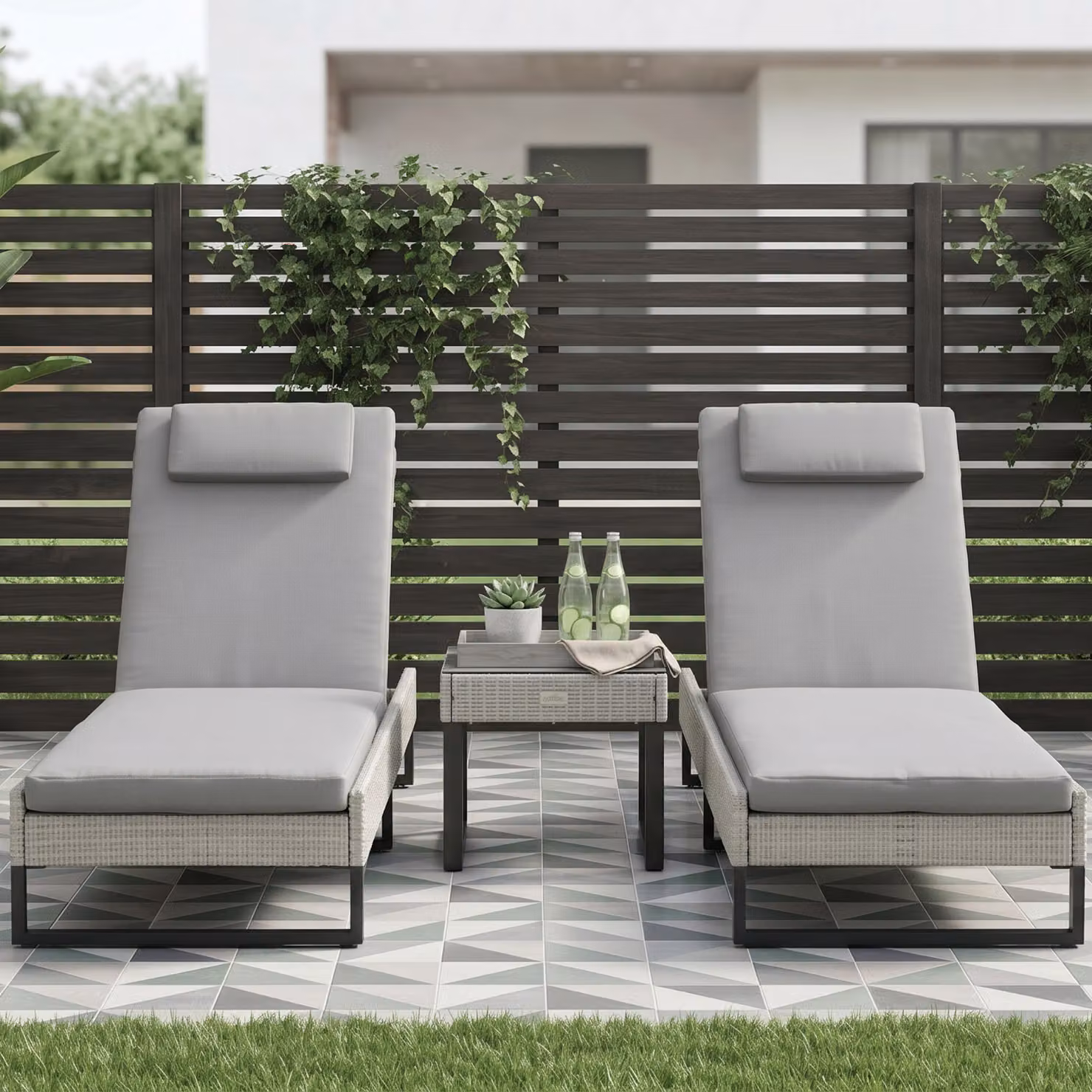 Outsunny 3-piece PE Rattan Sun Lounger Set in Light Grey with Adjustable 5-Position Recliners, Cushions, Headrests and Glass Top Square Coffee Table – 2