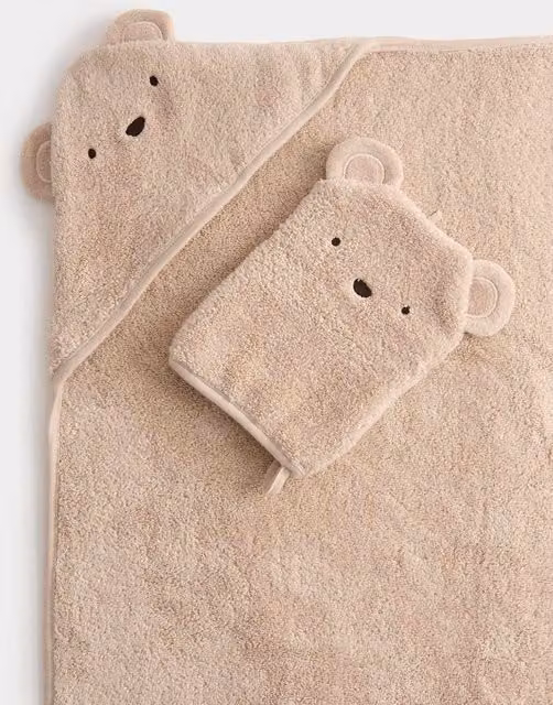 M&S 2-Piece Pure Cotton Bear Hooded Towel and Wash Mitt Set, Grey