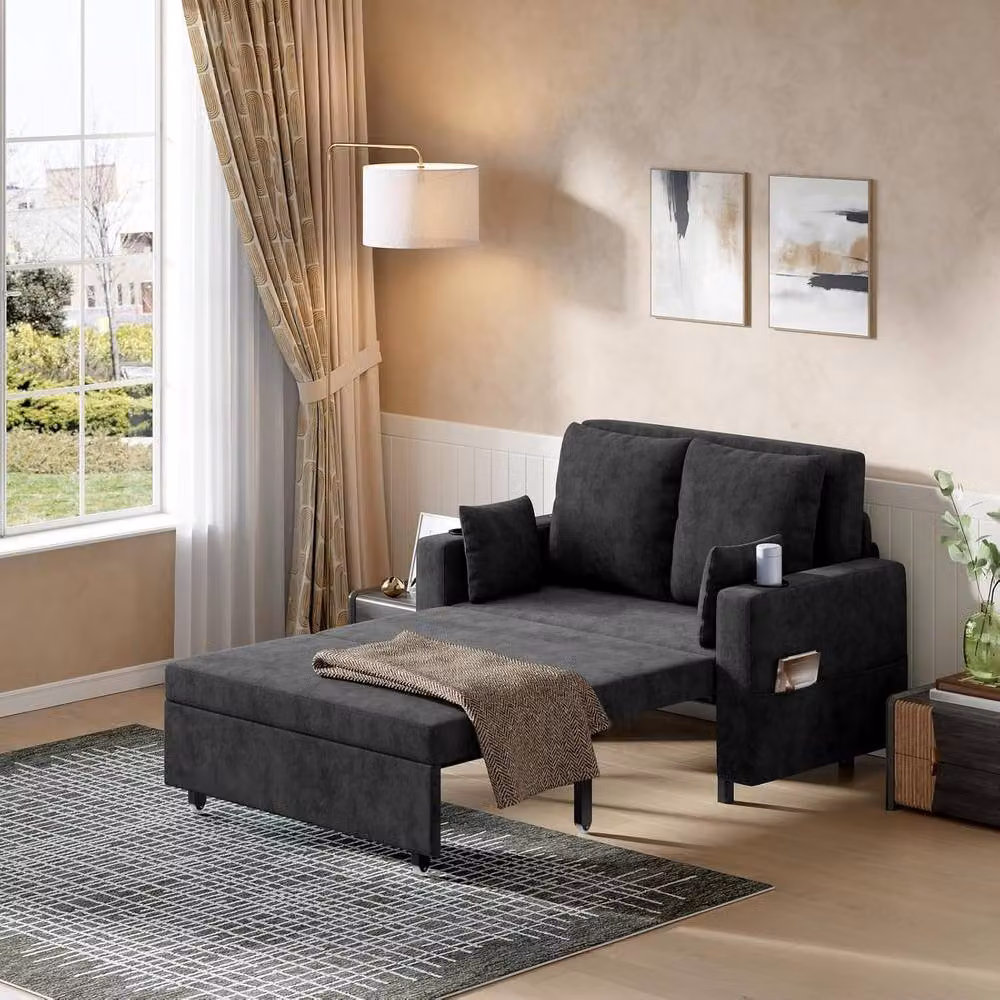 London Boutique 2 Seater Convertible Sofa Bed in Black with USB and Type-C Charging Ports and Cup Holders – 3