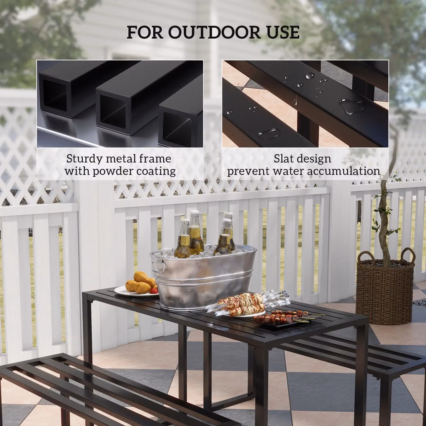 OUTSUNNY 3-Piece Metal Outdoor Dining Set with Beer Table and Benches in Matt Black – 3