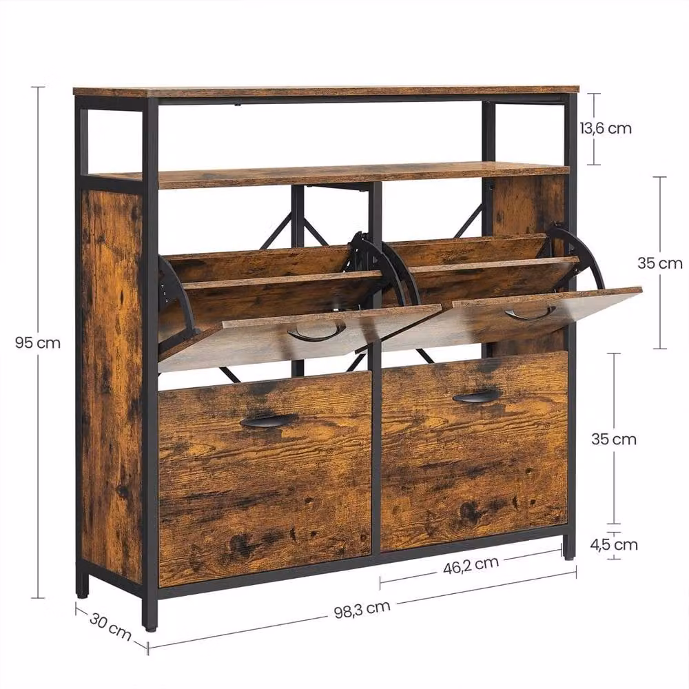 KORVIXA Brown Industrial Wood Shoe Cabinet with 4 Hinged Doors for Hallways, W: 100 cm, H: 95 cm, D: 30 cm – 1