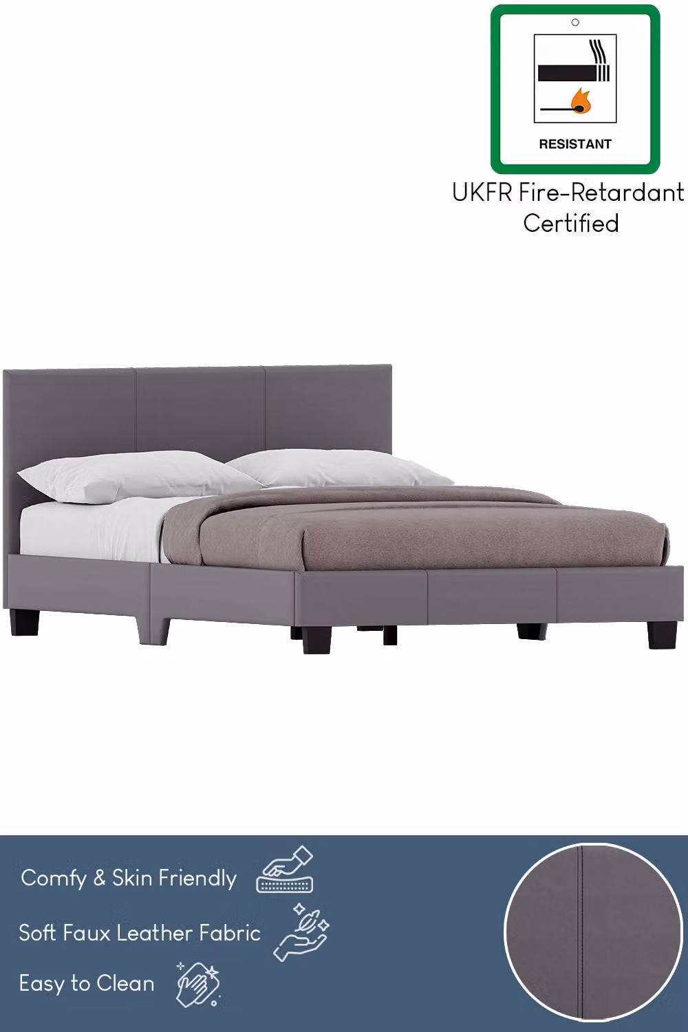HD Designs Lisbon Small Double Upholstered Faux Leather Bed Frame with Mattress in Grey, W/D/H: 120 x 200 cm – 3