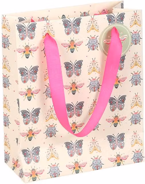 KDMK White Floral Bug Print Paper Gift Bag for Birthdays and Mothers Day