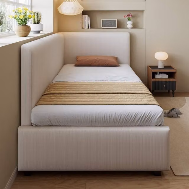 Merax Modern Beige Corduroy L-Shaped Corner Daybed with Asymmetric Chaise, W/D/H: 190 x 90 x 82.5 cm