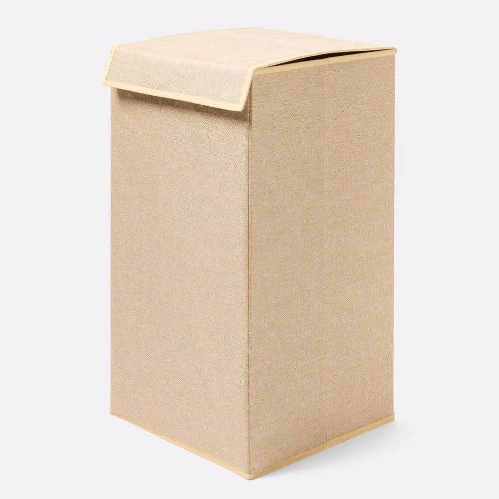 OHS Faux Linen Folding Laundry Basket Hamper Bag with Lid in Beige – 2